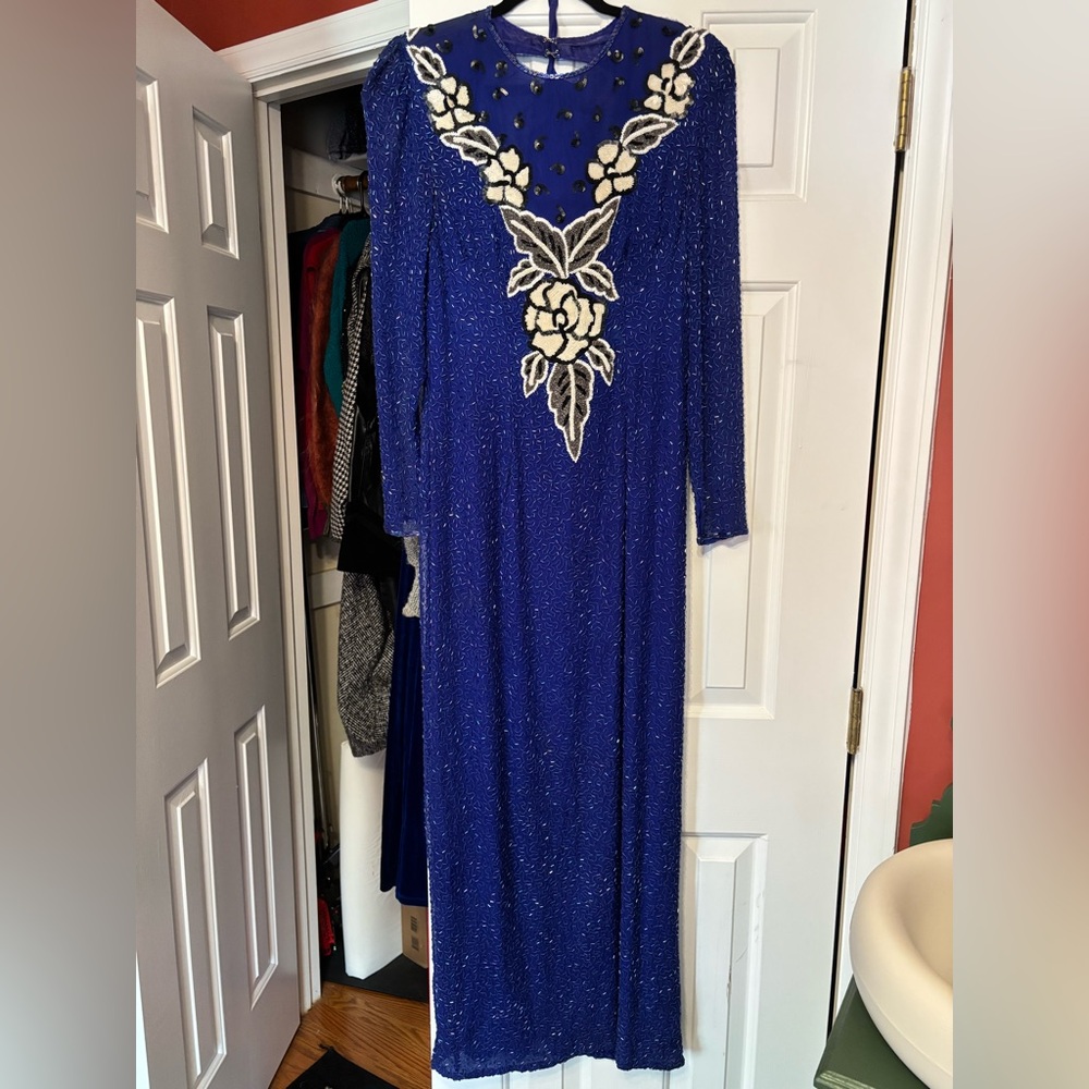 Vintage silk Elegant Blue Beaded Dress
